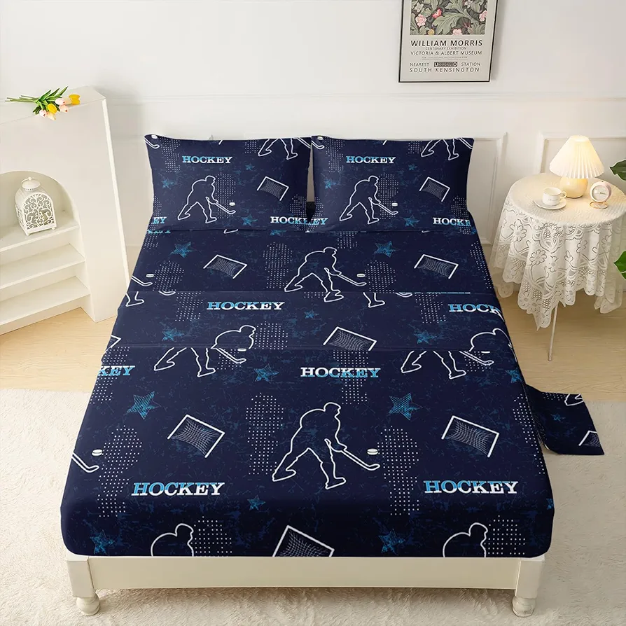 Hockey Breathable Room Decoration Blue Pentagrams Silky Soft Microfiber Bed Sheets Hockey Pucks Player Kids Sheets Set Full Size 1 Fitted Sheet, 1 Flat Sheet, 2 Pillow Cases