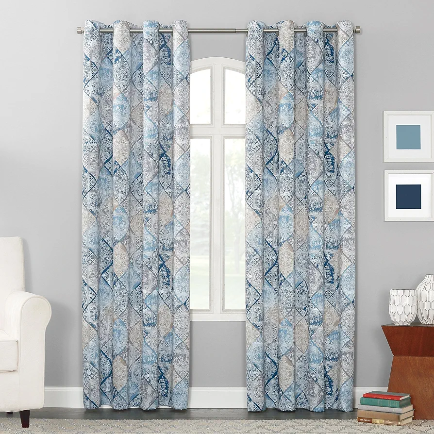 Sun Zero Reardon Global Medallion Print Energy Efficient Grommet Curtain Panel, 54" x 63", Indigo