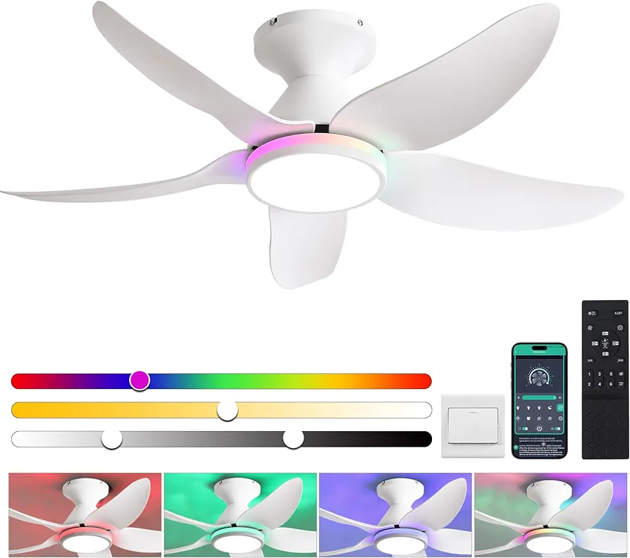 Ceiling Fans with Lights Remote/APP Control, 38" Low Profile Ceiling Fans with Dimmable White Colors+Ring RGB Lights, 6 Speeds 5 Reversible Blades for Kids Room Bedroom Living Room, White