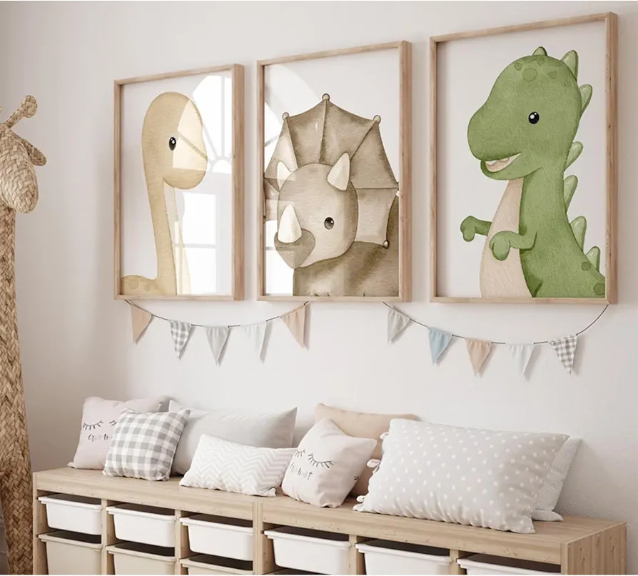 Dinosaur Wall Art Kids Boys Room Canvas Wall Decor Dino Nursery Wall Art Pictures Baby Dinosaur Poster Prints for Boys Bedroom Bathroom 12x16 Inch Unframed Set of 3