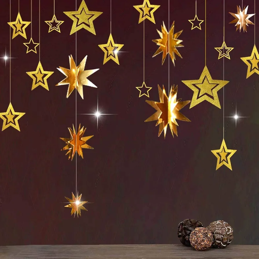 Decor365 Gold Twinkle Star Party Decoration Glitter 3D Hanging Star Garland Planet Galaxy Theme BannerTwinkle Little Star Decor Kids Room Birthday Backdrop Baby Shower Christmas Graduation Ramadan EID