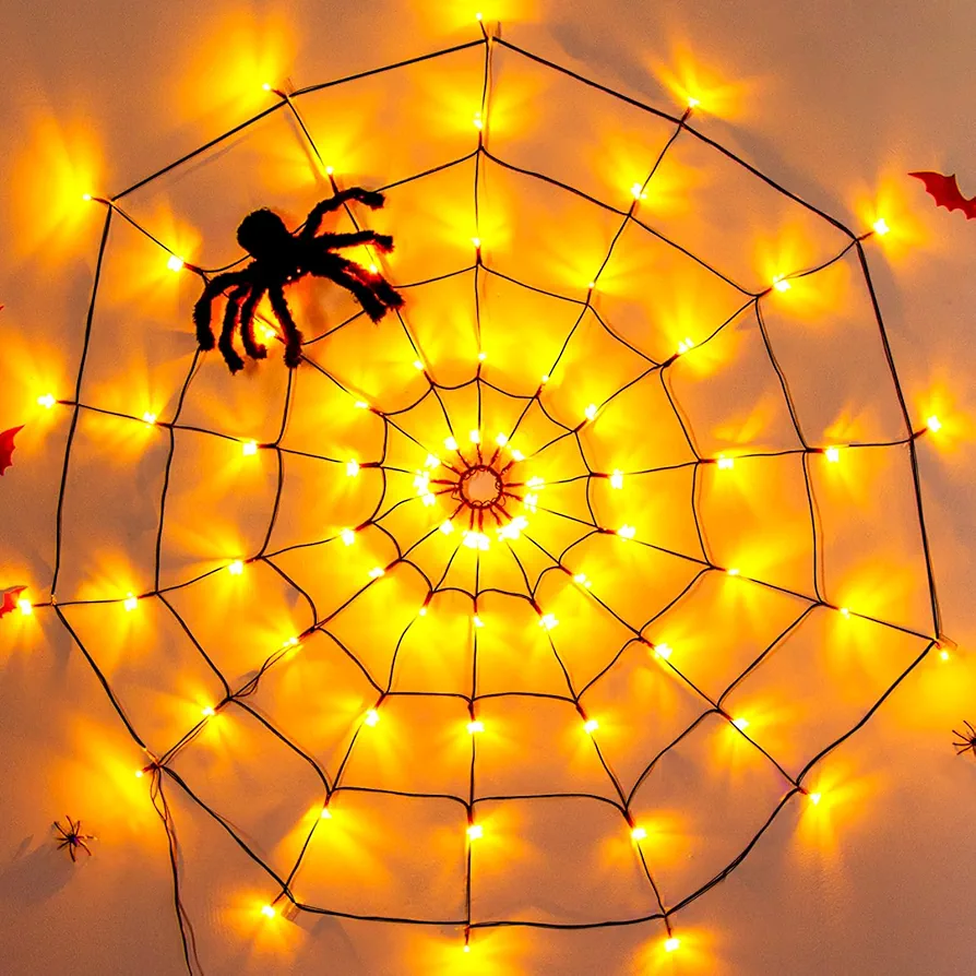 Vanthylit Halloween Spider Web Lights with Black Spider, 70 LED Waterproof Orange Light Up Spiderweb, Halloween Lights for Window Room Indoor Outdoor Decorations