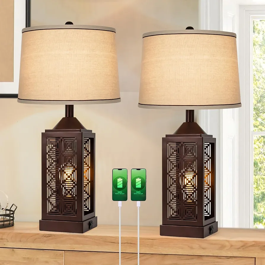 Brown Bedroom Lamps with Dual USB Ports Set of 2 Farmhouse Living Room lamps with Up&Down Lights Bedside Night Stand Lamps with Nightlight Side Table Lamps, 25” Oil Rubbed Bronze