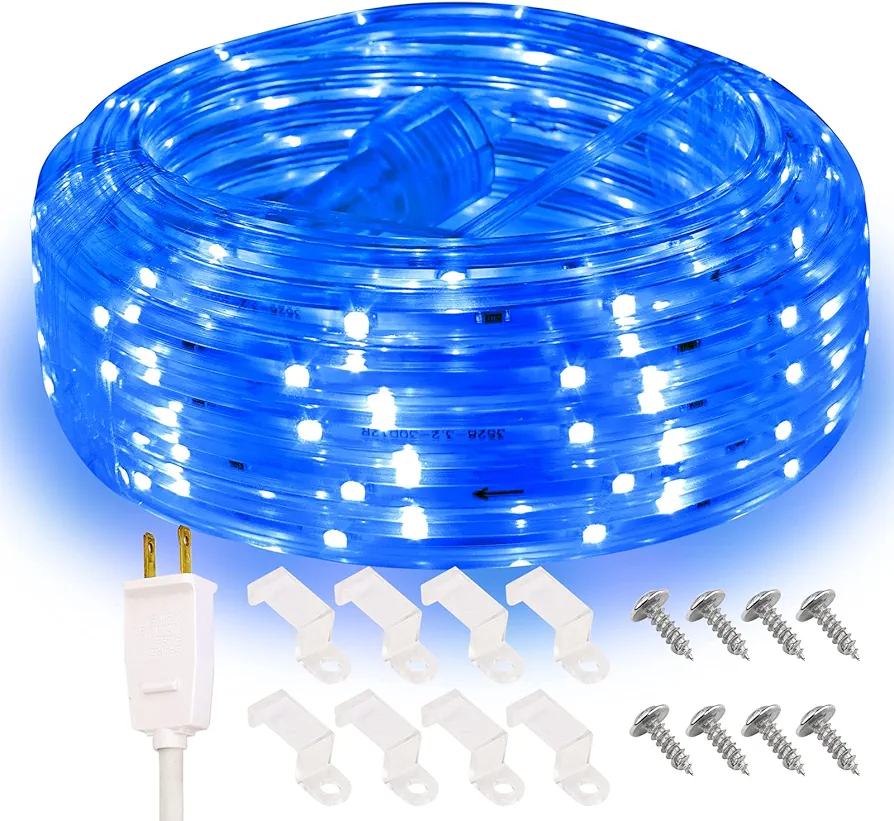 Blue LED Rope Lights Outdoor, 33ft Flat Strip Lights, Flexible Connectable and Waterproof Rope Lighting for Indoor Outdoor Use, Mood Lighting for Game Room Pool Ground Patio Party