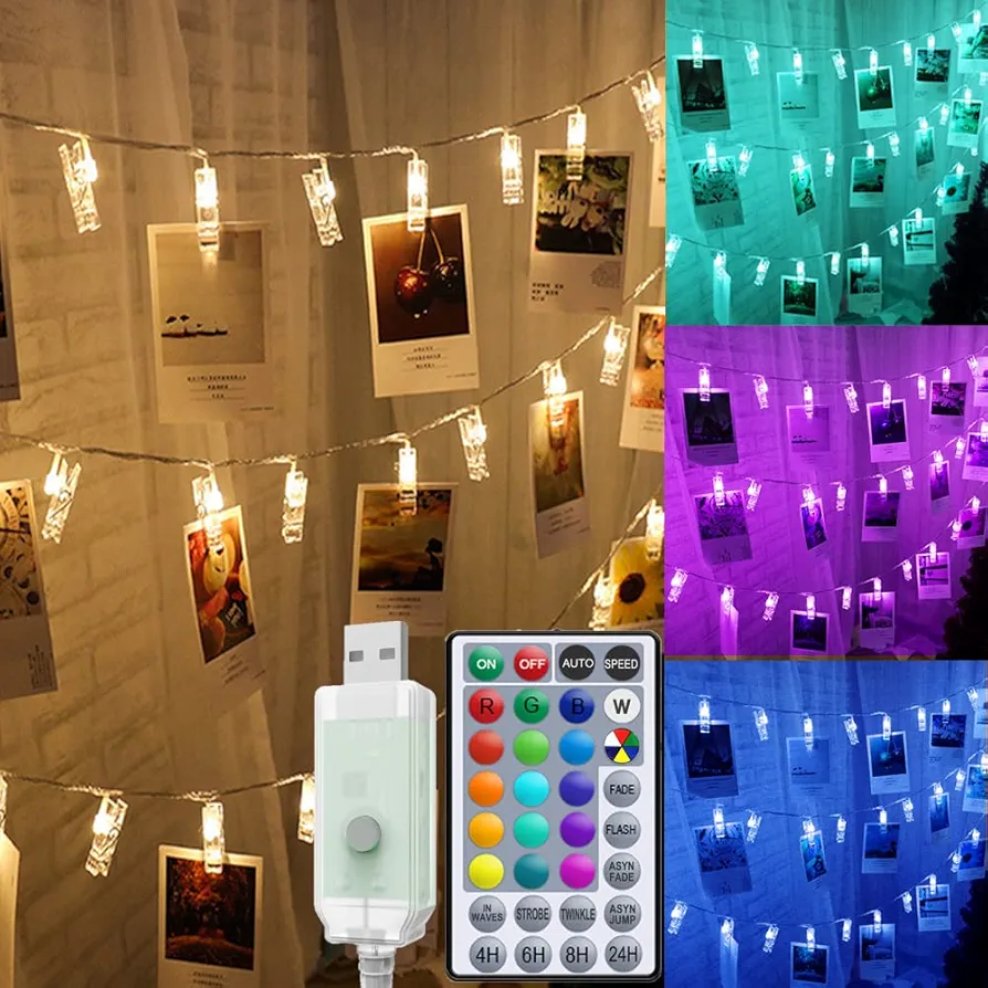 40ft Photo Clips String Lights Color Changing 80 LEDs, RGB Hanging Pictures Wall Display Lights for Teen Girl Room Decor with USB Powered Remote Control, Christmas Teenager Gift