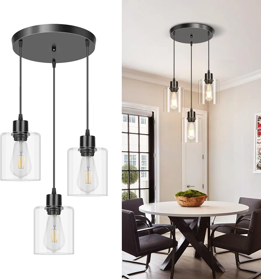 SILAMPDI 3-Light Pendant Light Fixtures, Black Pendant Lights Kitchen Island with Clear Glass Shade, Modern Hanging Lighting Ceiling for Dining Room Bedroom, E26 Base, Bulbs Not Included