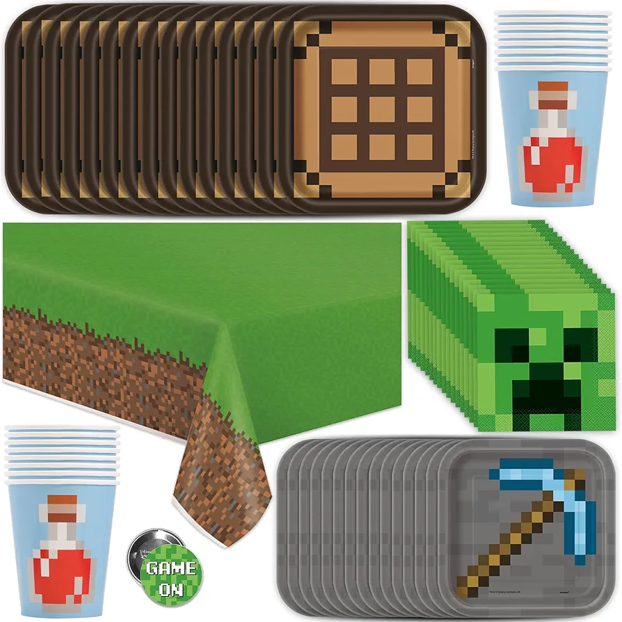 Minecraft Party Supplies | Minecraft Birthday Party Supplies | Serves 16 Guests | With Table Cover, Plates, Napkins, Cups and Button