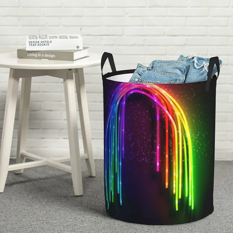 Large Laundry Basket Rainbow Neon Laundry Hamper Collapsible Laundry Baskets Freestanding Waterproof Laundry Bag for Bedroom Bathroom Laundry Room, Medium, Black, 65HG6FD54H6