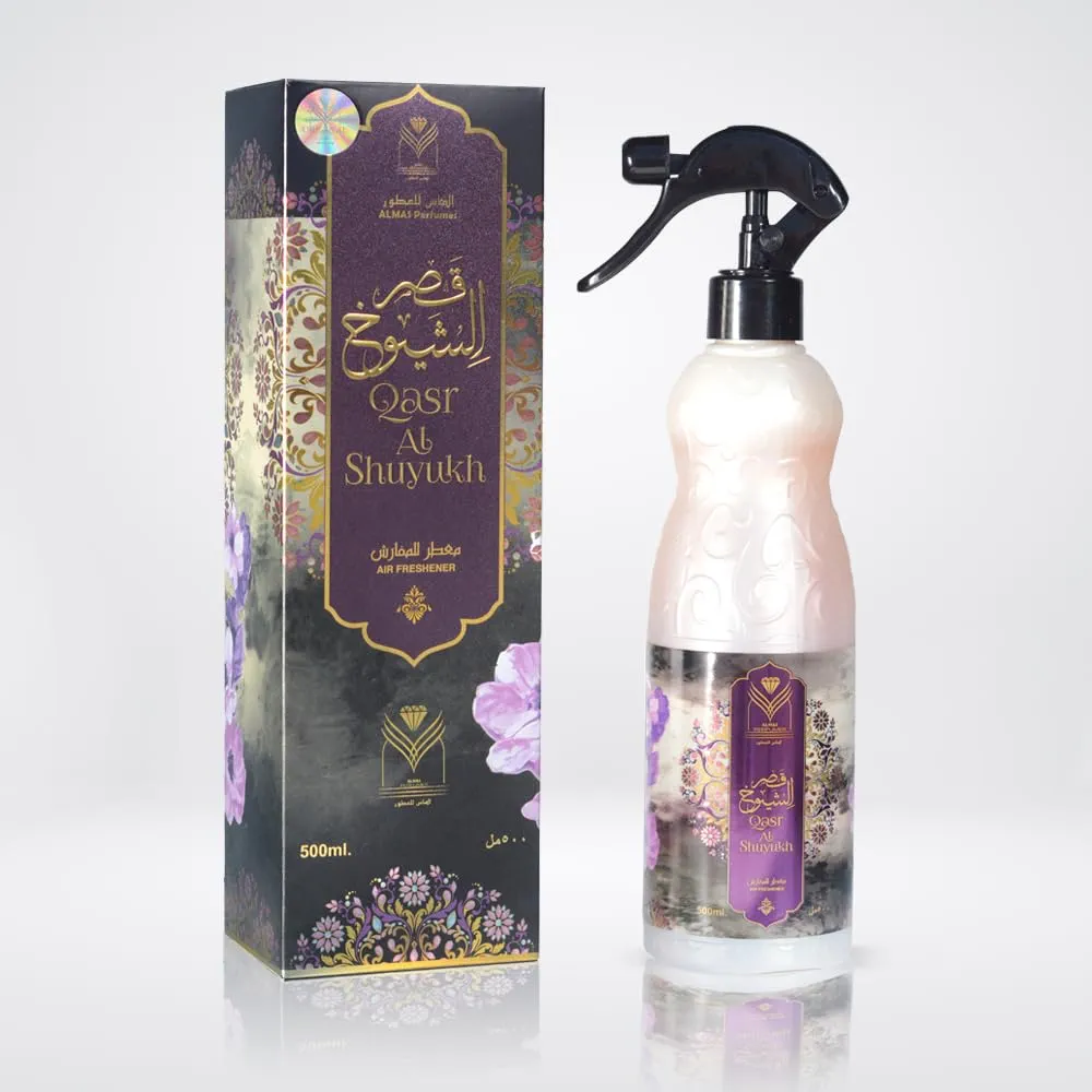 Almas Perfumes Qasr Al Shuyukh Air Freshener - 480 ML 16.9FL.OZ of Fabric spray - Natural Aged Oud Scent - Odor Fighting Room Spray - long lasting Aroma for home