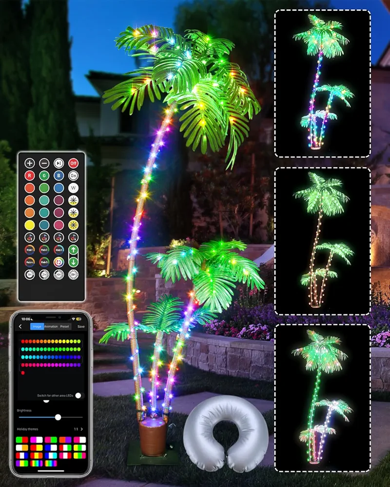 7FT Smart Lighted Palm Tree, DIY Color Changing LED Artificial Palm Tree 3 Trunks, Music Sync Timer Pre Lit Large Faux Christmas Tree App Remote Control for Outside Patio Poolside Party Tiki Bars