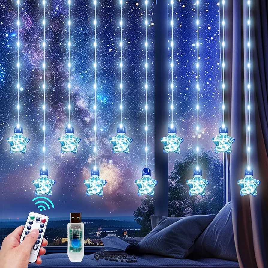 Wishing Ball Curtain Lights 3D Star Fairy Hanging Lights Twinkle Window Lights with Remote Plug in 8 Modes Ambient Lights for Bedroom, Backdrop, Party, Wedding and Christmas Decor, Cold White