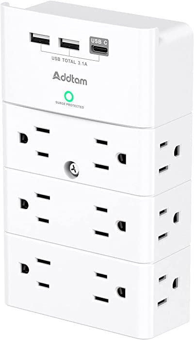 Multi Plug Outlet - Addtam Surge Protector Wall Mount with 12 Outlet Extender- 3 Sides and 3 USB Ports (1 USB-C), Outlet Splitter Power Strip for Home, Office, Hotel, White