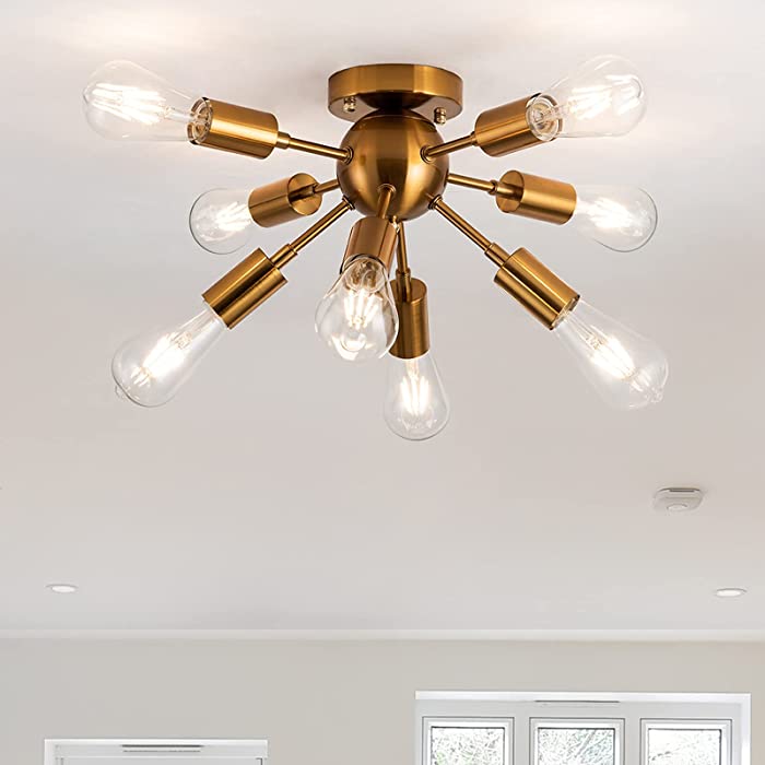 Kitchen Island Sputnik Chandelier 8 Lights Brass, Mid Century Semi-Flush Mount Ceiling Light Fixture Modern Chandelier Lighting for Foyer Hallway Dining Room Entry Way