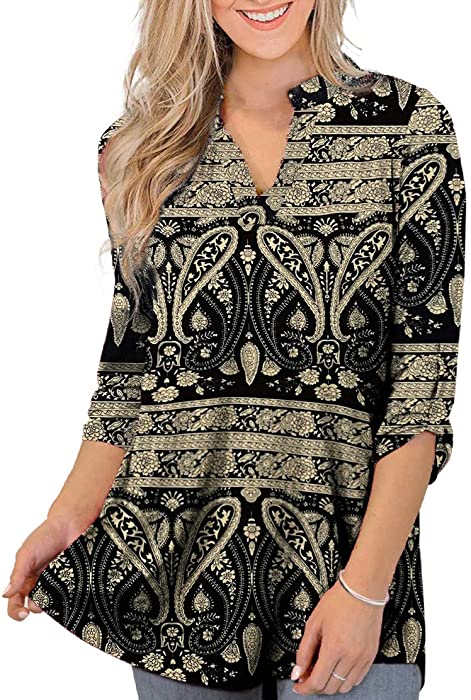 Othyroce Womens Floral Printed Tunic Tops 3/4 Roll Sleeve V Neck Blouses Long Sleeve Shirts for Women