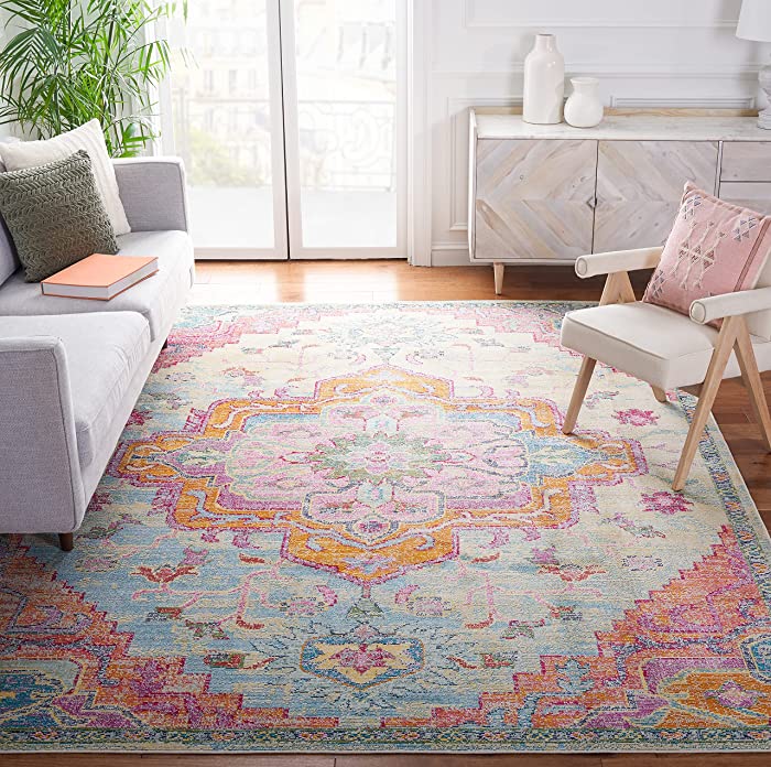 SAFAVIEH Crystal Collection 8' x 10' Light Blue/Fuchsia CRS501B Boho Chic Oriental Medallion Distressed Non-Shedding Living Room Bedroom Dining Home Office Area Rug