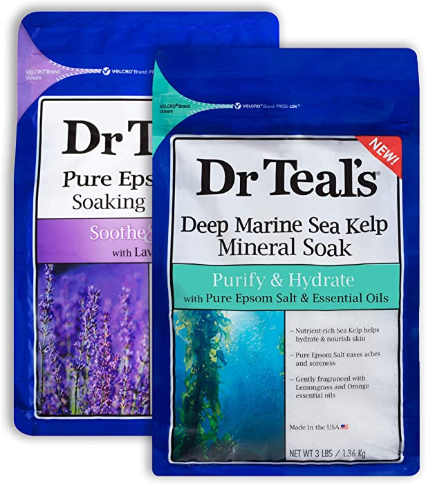 Dr Teal's Epsom Salt Bath Combo Pack (6 lbs Total), Soothe & Sleep with Lavender, and Purify & Hydrate with Deep Marine Sea Kelp