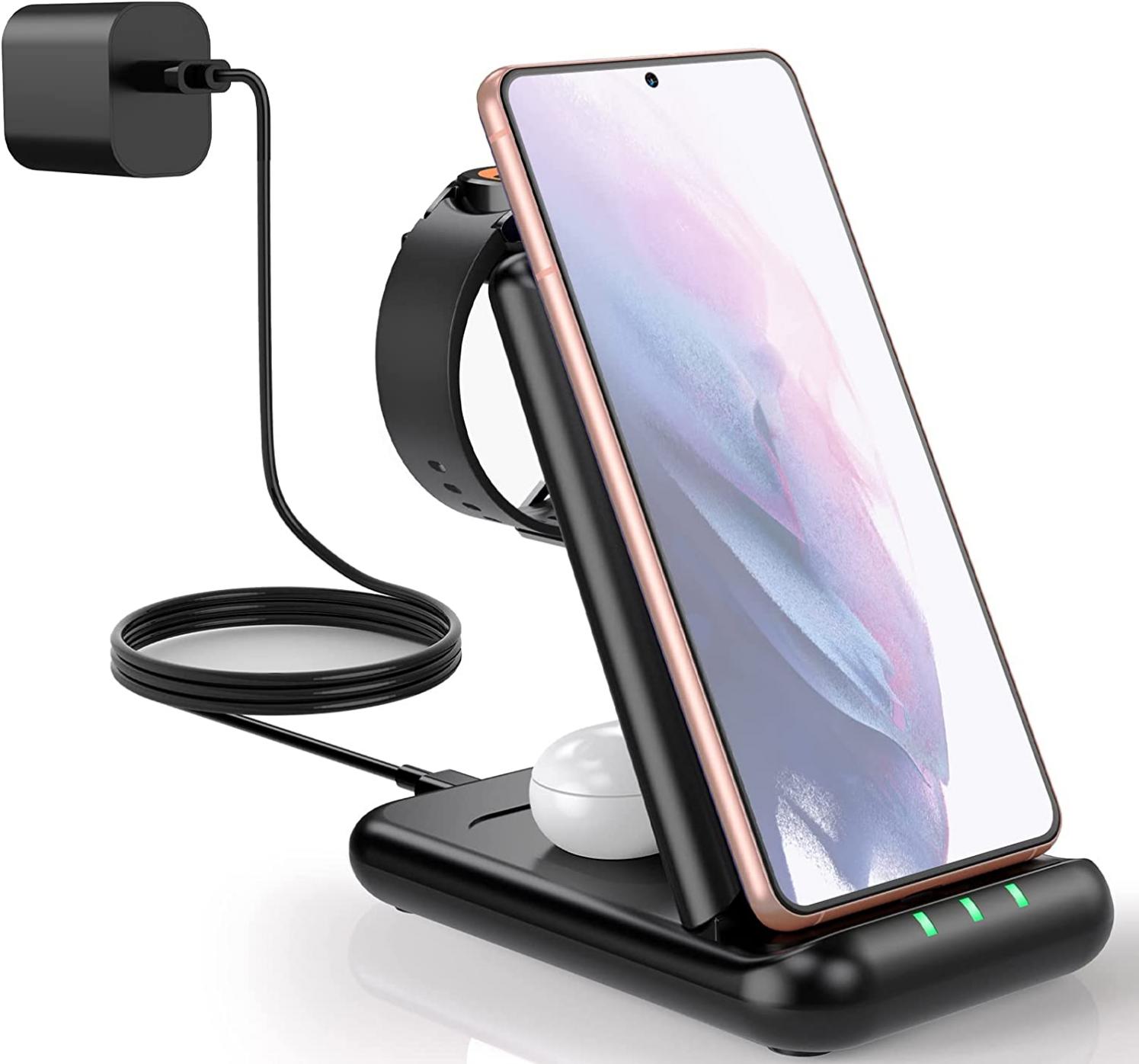 Wireless Charging Station for Samsung, 3 in 1 Wireless Charger for Galaxy Watch 5/5 pro/4/3, Samsung Galaxy S22/S21/S20/Note 20 GalaxyZ Flip3/Z Fold3, Foldable Charging Stand for Galaxy Buds+/Live