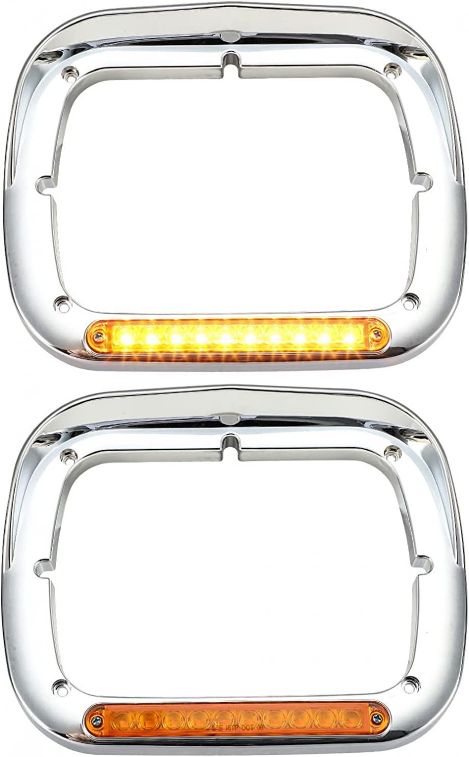 Partsam 2x 7x6 Headlight Bezel with 6" Amber LED Light Strip Chrome LH RH Replacement for 5x7 7x6 Light 2007-20 Peterbilt 365 367, 2016-20 Peterbilt 520, 2000-2005 Peterbilt 330, 93-2008 Kenworth T300