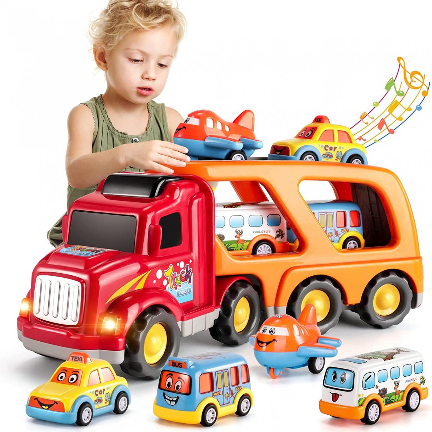 TEMI Toddler Carrier Truck Transport Vehicles Toys - 5 in 1 Toys for 3 4 5 6 7 Year Old Boys, Kids Toy Cars for Toddlers 1-3, Friction Power Set for Kids 3-9, Christmas for 3+