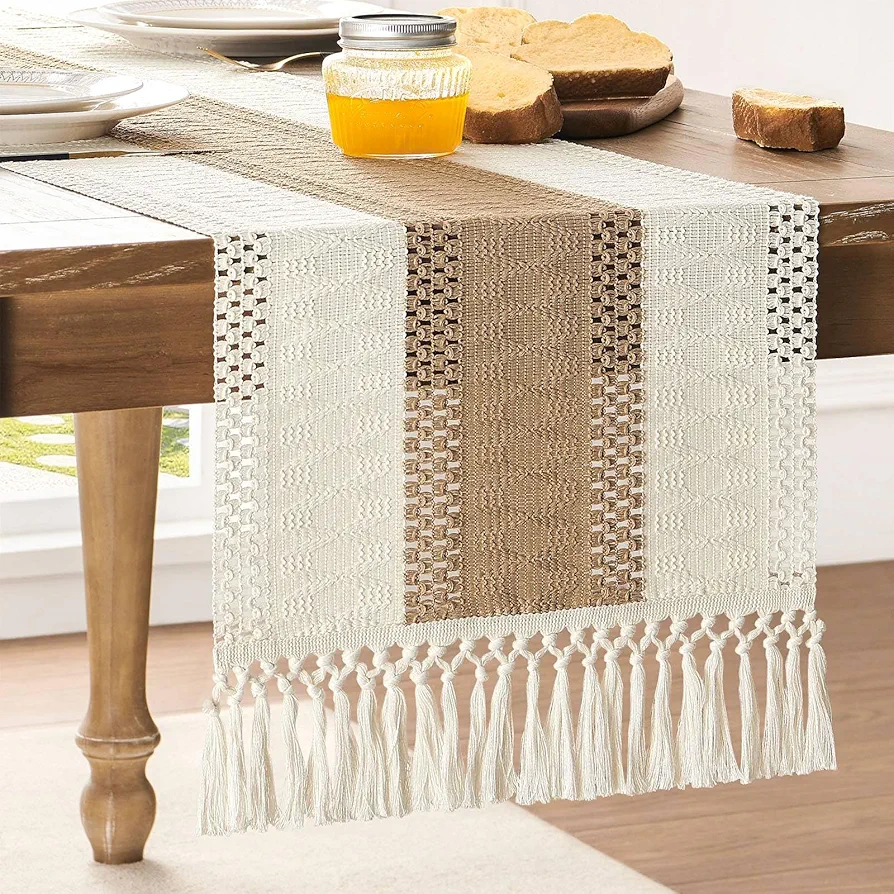 Macrame Style Bicolor Stitching Table Runner, 14 x 72 Inch Brown/Ivory, Boho Neutral Table Runners 72 Inches Long, Farmhouse Woven Home Decor