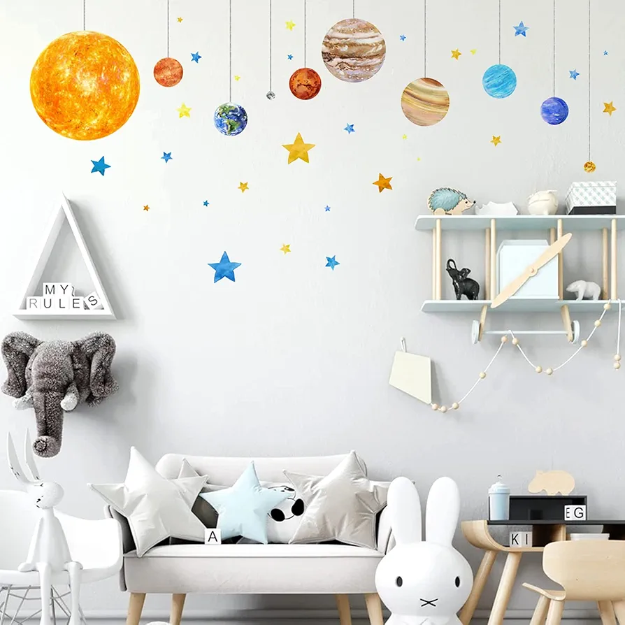 Planets and Space Wall Decals, Removable Solar System Wall Stickers, Cartoon Stars Wall Décor, Peel and Stick Universe DIY Art Murals Vinyl Wallpaper for Kids Boys Bedroom Nursery Decoration