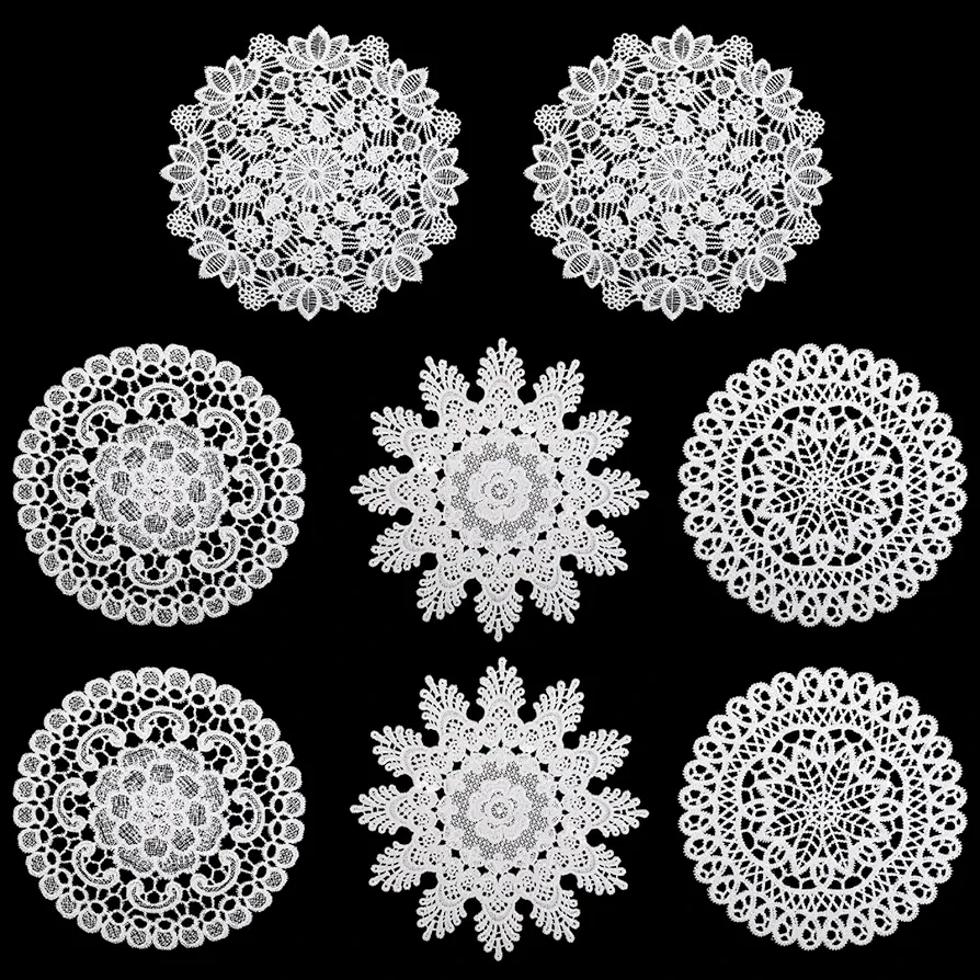 8Pcs 8Inch Doilies Crochet Round Lace Placemat Handmade Lace Coasters Vintage Crochet Doilies Rustic Table Doilies Decors for Kitchen Dining Room Party Wedding Dressers Decoration