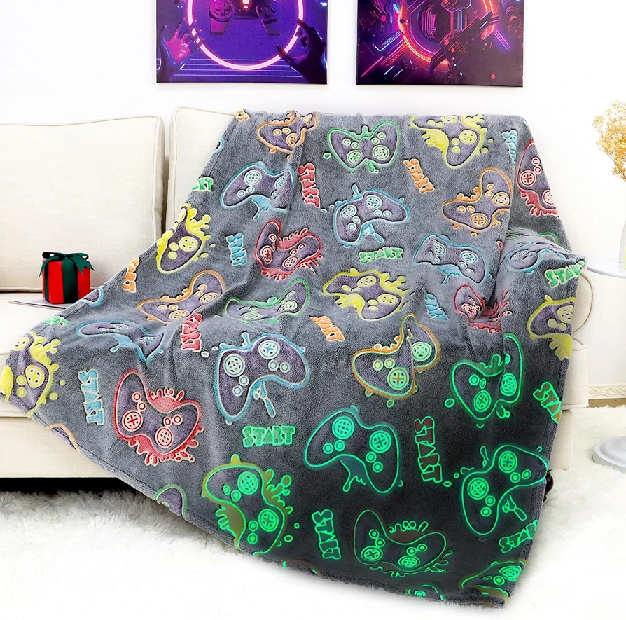 Glow in The Dark Game Controller Blanket Gamer Gifts Toys for Kids Boys Boyfriend Gaming Gamepad Presents Birthday Christmas Valentine's Day Easter