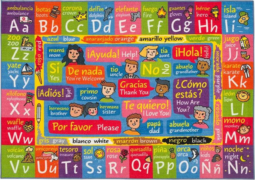 KC Cubs ABC Alphabet & Phrases + Spanish Translations Educational Learning Game Play Boy & Girl Kids Area Rug Carpet for Children Bedroom, Toddler Classroom, & Baby Playroom Floor Activity Mat