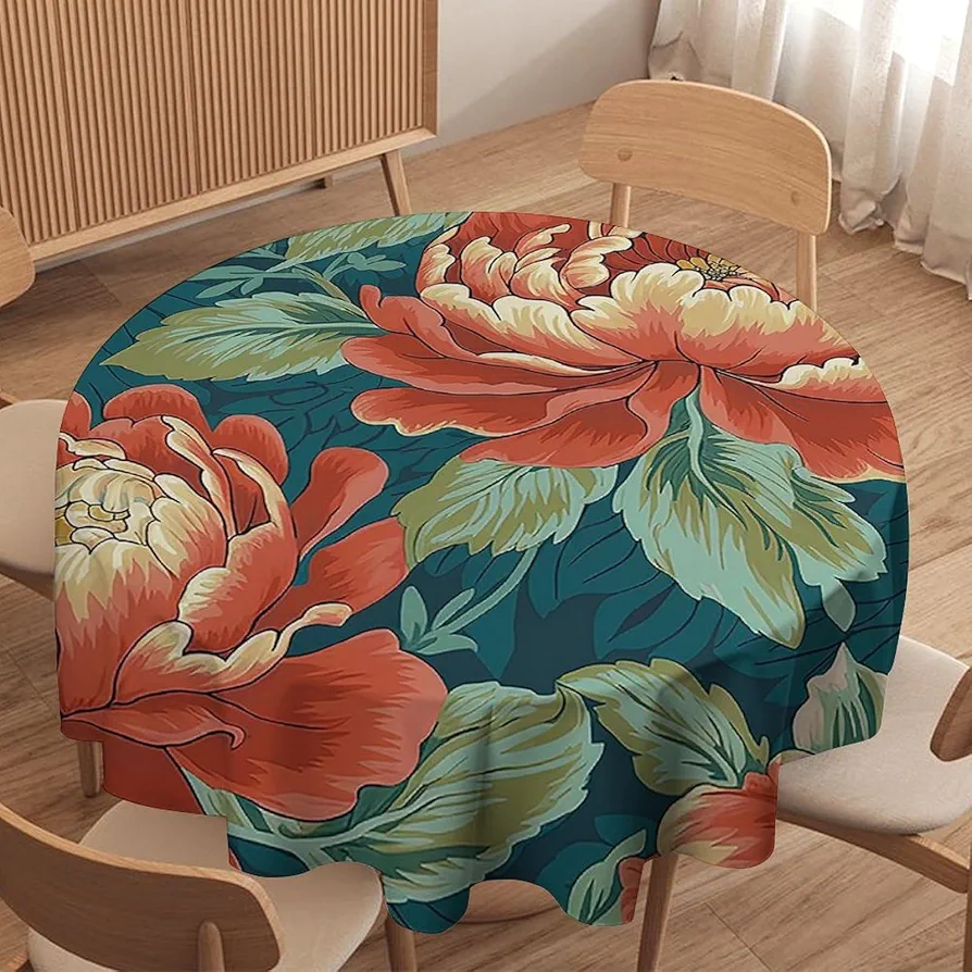 Chinoiserie Chinese Peony Floral Round Tablecloth White and Red Asian Table Cloth 50x50in Table Cover Outdoor Washable Polyester Table Decor for Dining Room Party Picnic