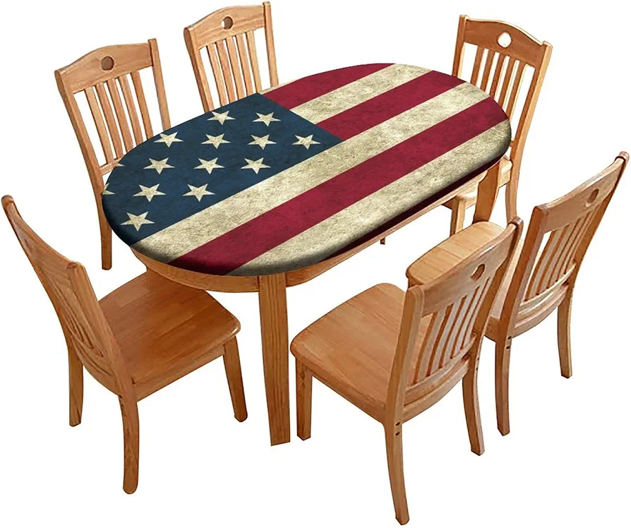 4th of July Oval Fitted Polyester Tablecloth, Vintage American Flag Elastic Edge Decorative Table Cloth, Stain & Wrinkle Resistant Table Cover for Living Room Kitchen, Fits for 36” x 60” Oval Table