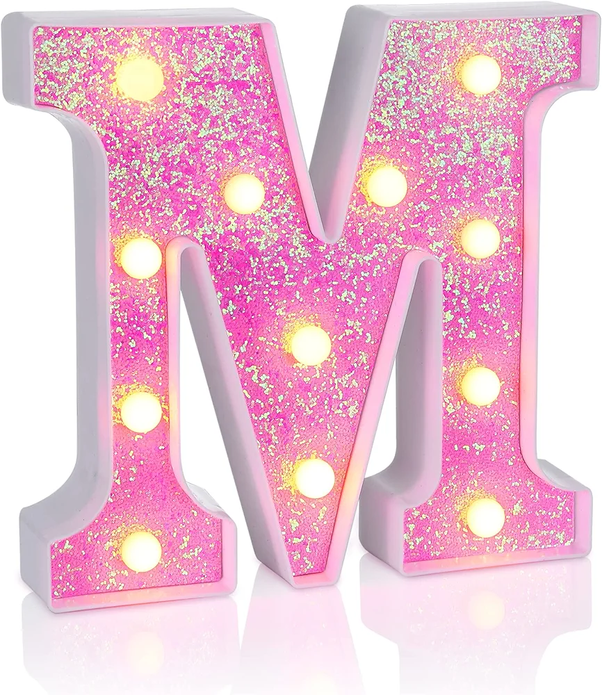 Foaky LED Letter Lights Sign Light Up Pink Letters Glitter Alphabet Letter Sign for Night Light Wedding/Birthday Party Battery Powered Christmas Lamp Girls Gifts Home Bar Decoration（M）