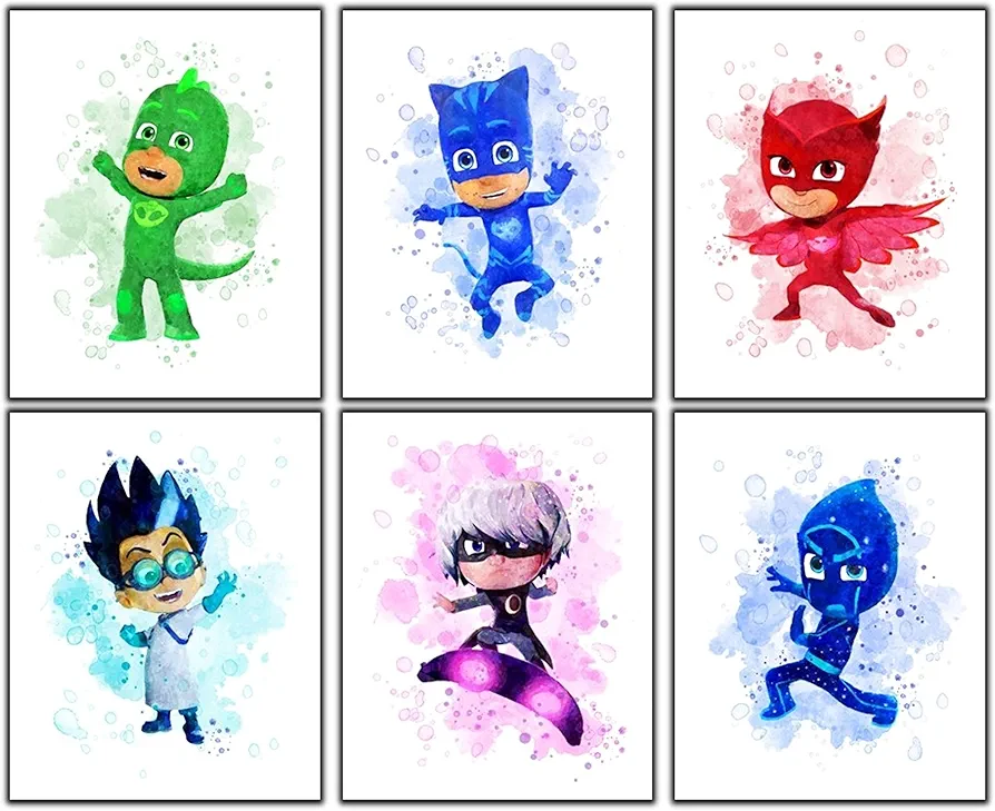 Posters for Kids Bedroom - Unframed Set of 6 (8x10 Inch)- Superheros Watercolor Poster, Kids Room Wall Decor, Cartoon Wall Art for Boys and Girls, Watercolor Hero Poster Prints for Nursery Toodlers