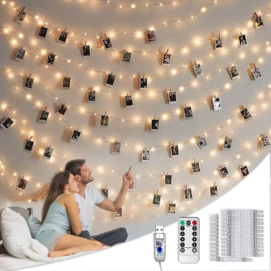 Photo Clip String Lights with Remote, 33FT 100 LED USB Powered Fairy Lights Picture Clips, 8 Modes with 50 Clear Clips for Dorm, Bedroom, Christmas, Party, Wedding Decor (Warm White)