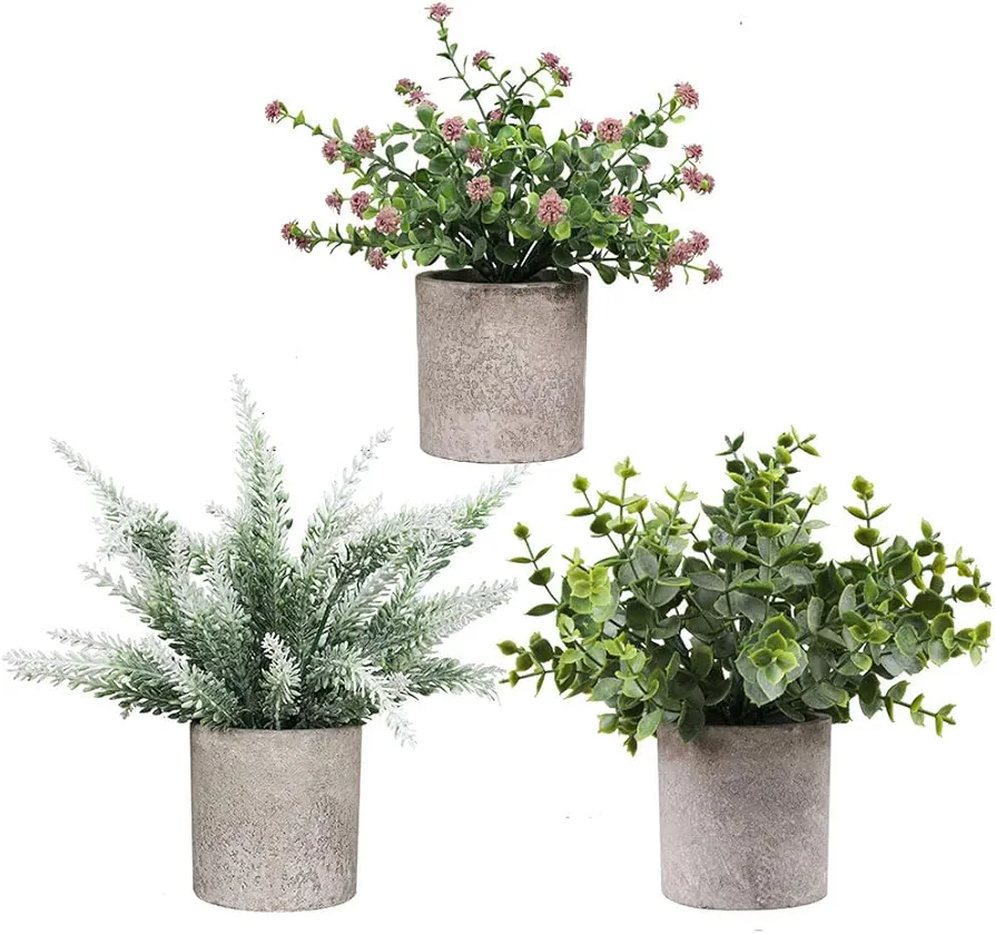 3 Pack Mini Potted Artificial Plants, Small Fake Greenery Plants, Faux Plastic Plants Eucalyptus Lavender Gypsophila Indoor Home Bath Farmhouse Office Room Desk Shelf Table Centerpieces Decor