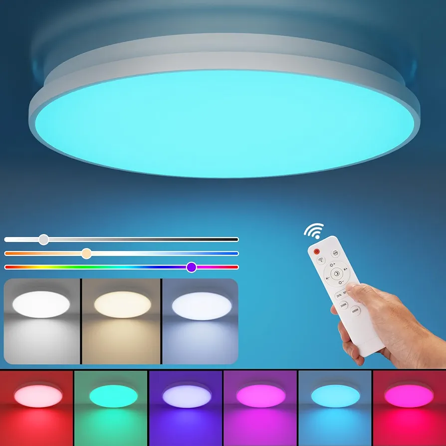 Flush Mount Ceiling Light with Remote, 12 Inch 24W Dimmable LED Flush Ceiling Light Fixture, RGB Ceiling Light with 3000K-6000K Light Color Changeable, White Ceiling Lamp for Bedroom Kids Room