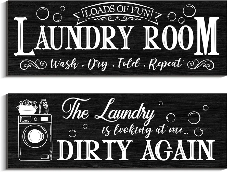 Creoate Laundry Room Decor, 2 Pieces Laundry Sign Wall Decor Funny Laundry Room Rules Decor Rustic Family White Wood Sign Hanging Plaque for Laundry Bathroom Wall Decor (Black)