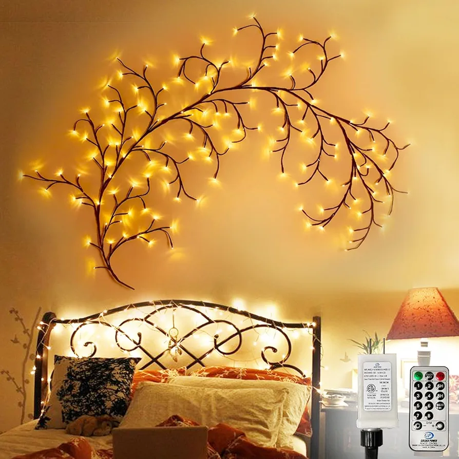 Willow Vine Lights Room Decor, 8FT Home Decorations Indoor Walls Lights Artificial Plants Tree Branches Enchanted Fairy Lights with Remote,144 LEDs Lighted Twig Vine Plug in Aesthetic(1PCS)