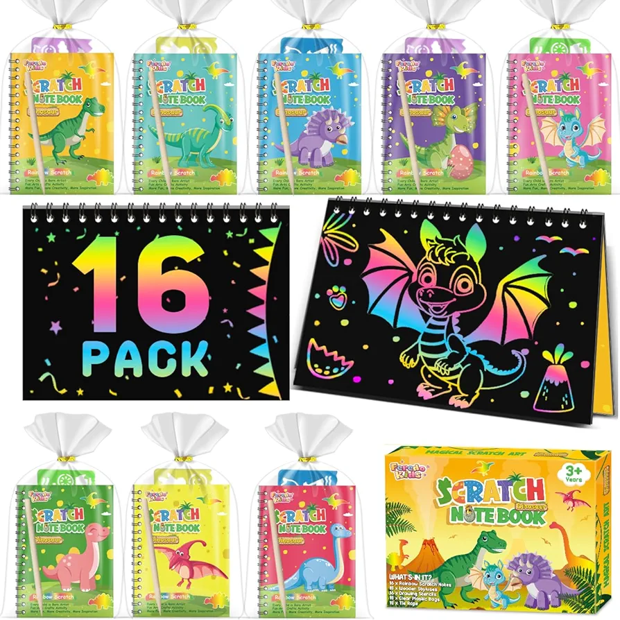 Party Favors Birthday Gifts for Kids: 16 Pack Scratch Art Notebook Party Favors for Kids Goodie Bags Stuffers Girls Boys Art Craft Kit Birthday Gifts for Classroom Prizes Christmas Gifts - Dinosaur