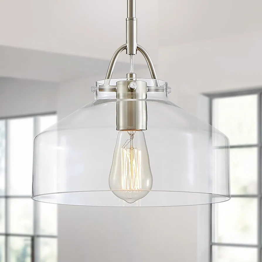 WUZUPS Chandelier Rustic Farmhouse Industrial Round Ceiling Pendant LED Light Fixture with Clear Glass Shades for Dining Room Kitchen Island Foyer Entryway, H 9.4" x W 10.6", E26 Base, Brushed Nickel