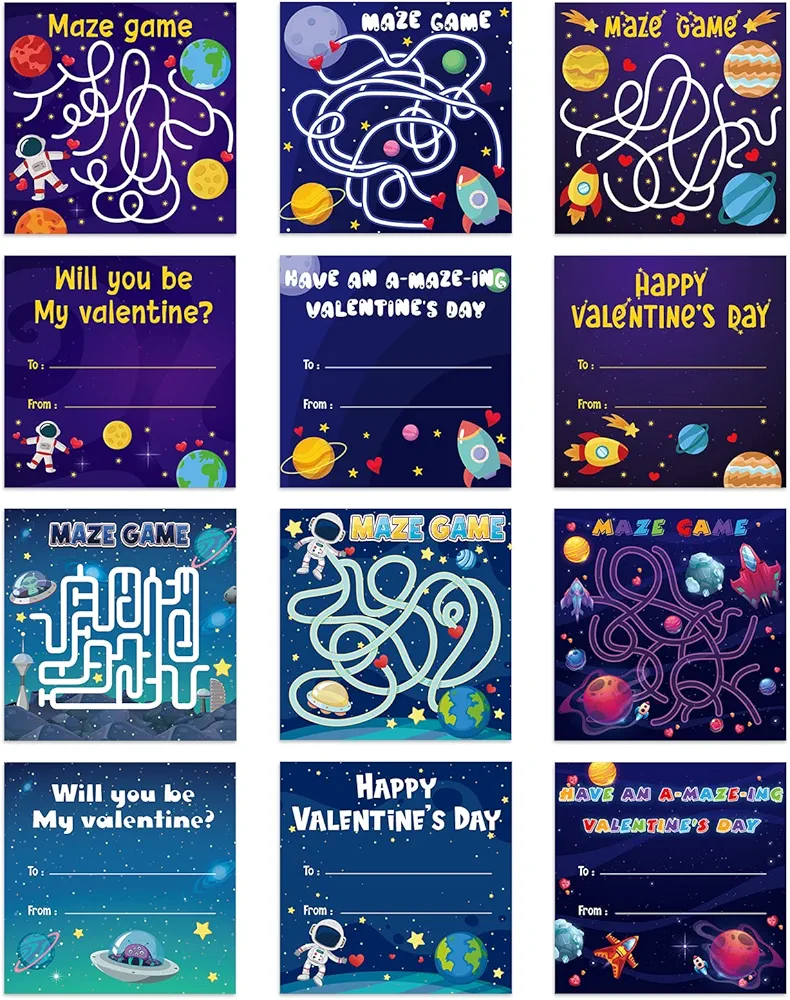 WhatSign Valentines Cards for Kids 30Pcs Kids Valentines Day Cards Outer Space Maze Games Valentines Day Cards for Kids School Classroom Exchange Gifts Card with Envelopes Valentines Day Party Favors