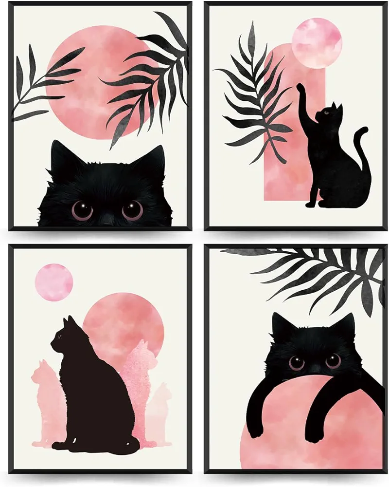 PLKMK Black Cat Decor Set of 4 - Boho Wall Art, Cute Black Cat Pink Wall Art Aesthetic decor, Cat Poster, Pink And Black Room Decor, Cat Themed Gifts for Cat Lovers, 8x10 (Unframed)