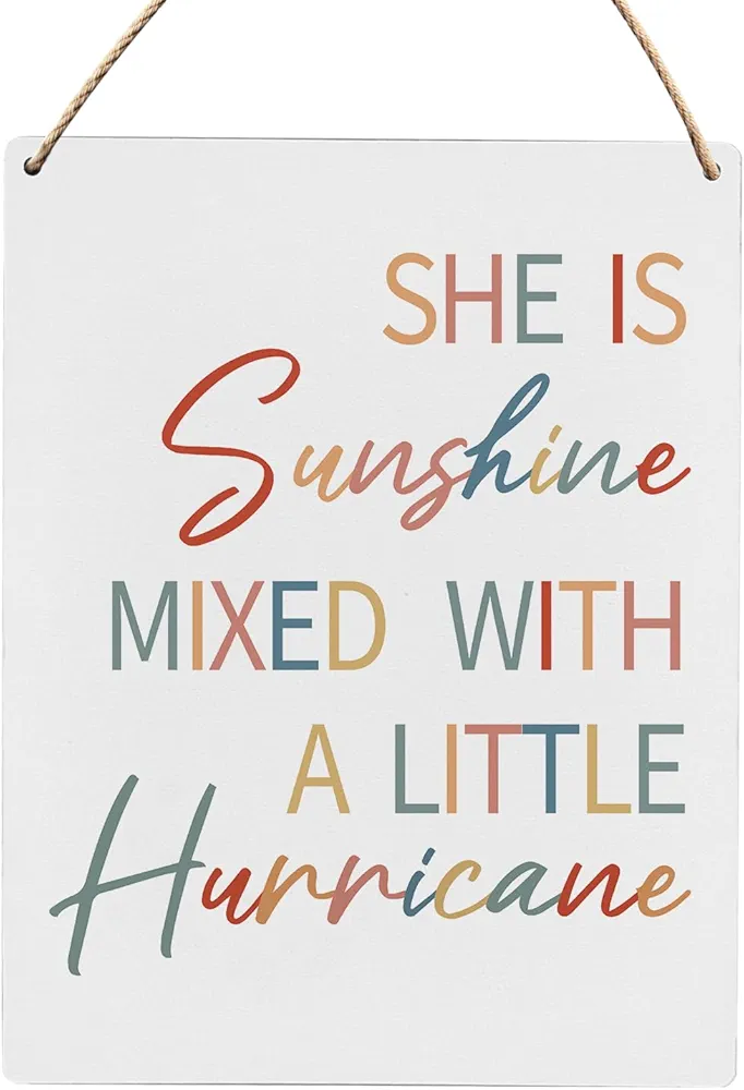 UYIKG Kids Room Decor,Nursery Wall Decor,She is Sunshine Mixed with a Little Hurricane Wood Hanging Sign,Wooden Slogan Hanging Sign for Kids Baby Girls Room Dorm Nursery 8x10 Inch