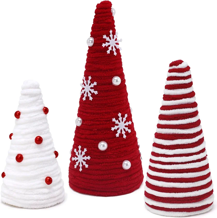 Huray Rayho 3 PCS Christmas Table Decorations Mini Christmas Trees Yarn Trees Red and White Farmhouse Decor for Indoor Room Kitchen Home Tiered Tray Decor