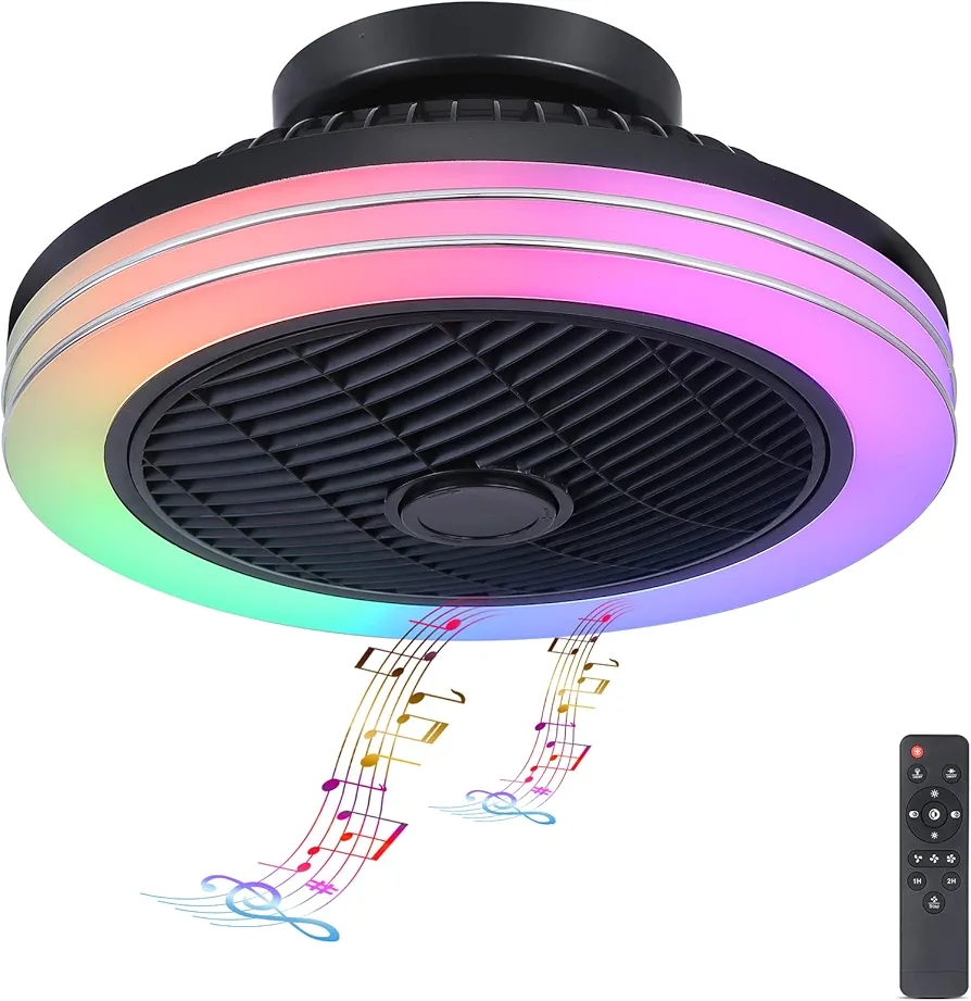 RGB Low Profile Ceiling Fan with Lights and Remote, 18" Bladeless Ceiling Fan with Music and Speaker, Modern Flush Mount LED-RGB Ambient Light for Bedroom Kids Room Party