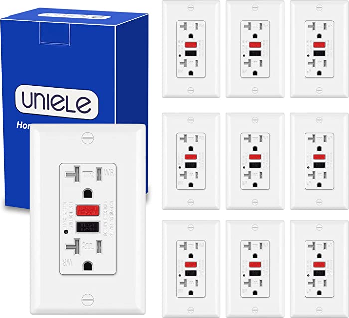 (10 Pack) UNIELE 20 Amp GFCI Receptacle Outlet, Outdoor Weather-Resistant (WR) and Tamper-Resistant (TR) GFI Outlet with Wallplate, Ground Fault Circuit Interrupter, 20A/125V, ETL Listed