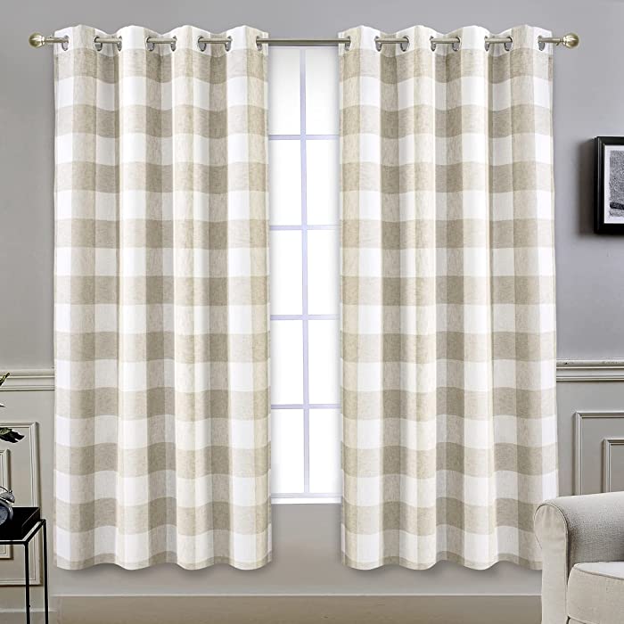 DriftAway Buffalo Check Woven Plaid Pattern Lined Blackout Thermal Insulated Window Curtain Grommet 2 Layers 2 Panels 52 Inch by 63 Inch Taupe