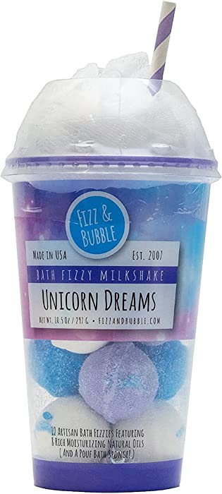 Fizz & Bubble Bath Fizzy Milkshake with Vitamin E, Avocado Oil, Epsom Salt & More - 12 Small Bath Bombs & Loofah Set - Unicorn Dream