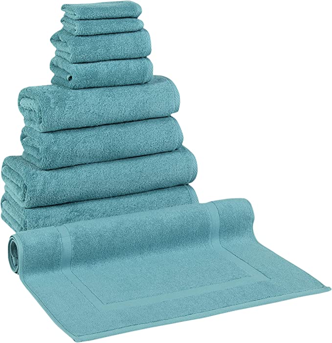 Classic Turkish Towels - Premium Cotton Quick-Dry 9 PC Bath Towel and Bath Mat Set - Soft, Lightweight, Bathroom Towels Made with 100% Turkish Cotton (Aqua)