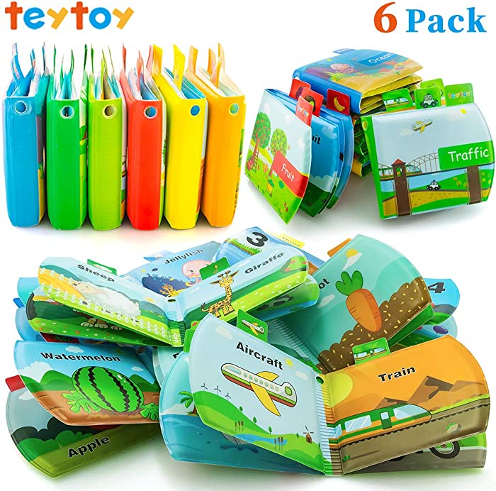 teytoy Baby Bath Toys, 6Pack Nontoxic Fabric Baby Bath Books Early Education Bathtub Toys Activity Waterproof Baby Books for Toddler, Infants and Kids Perfect for Baby Shower