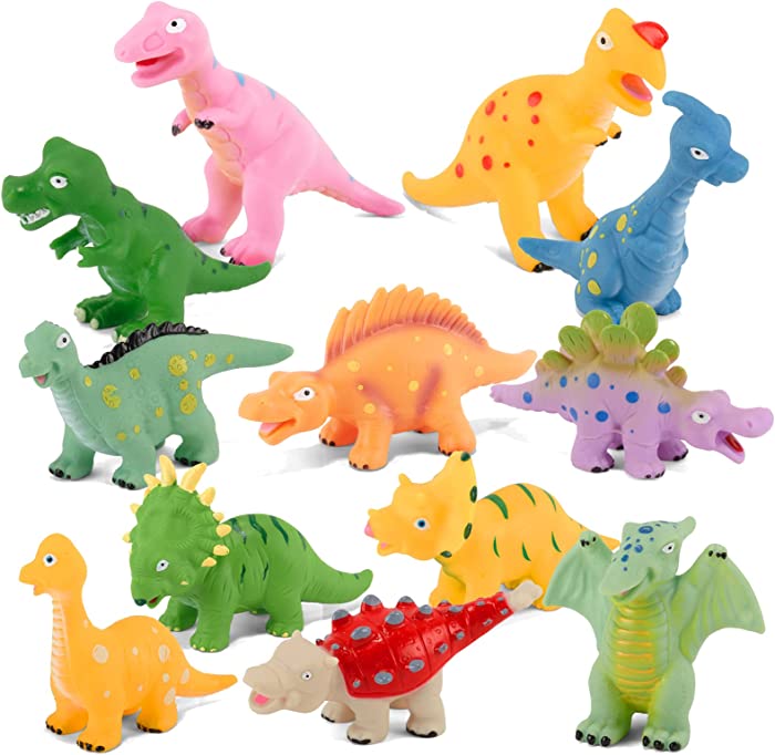 Gardien Baby Dinosaur Bath Toys - 12 PCS Dinosaur Bathtub Toy Set for Child Boys Girls Soft Party Favors Bath Time Shower Pool Party Toddlers 1-3 Gift for 3 4 5 6 7 Years Old Kids No Holes